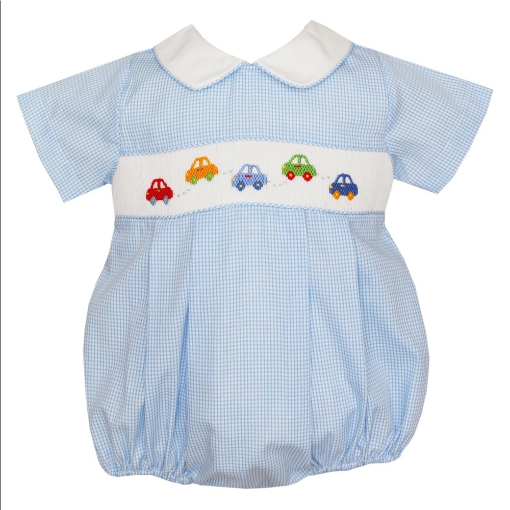 NWT! - PETIT BEBE INFANT BOY CARS SMOCKED BUBBLE